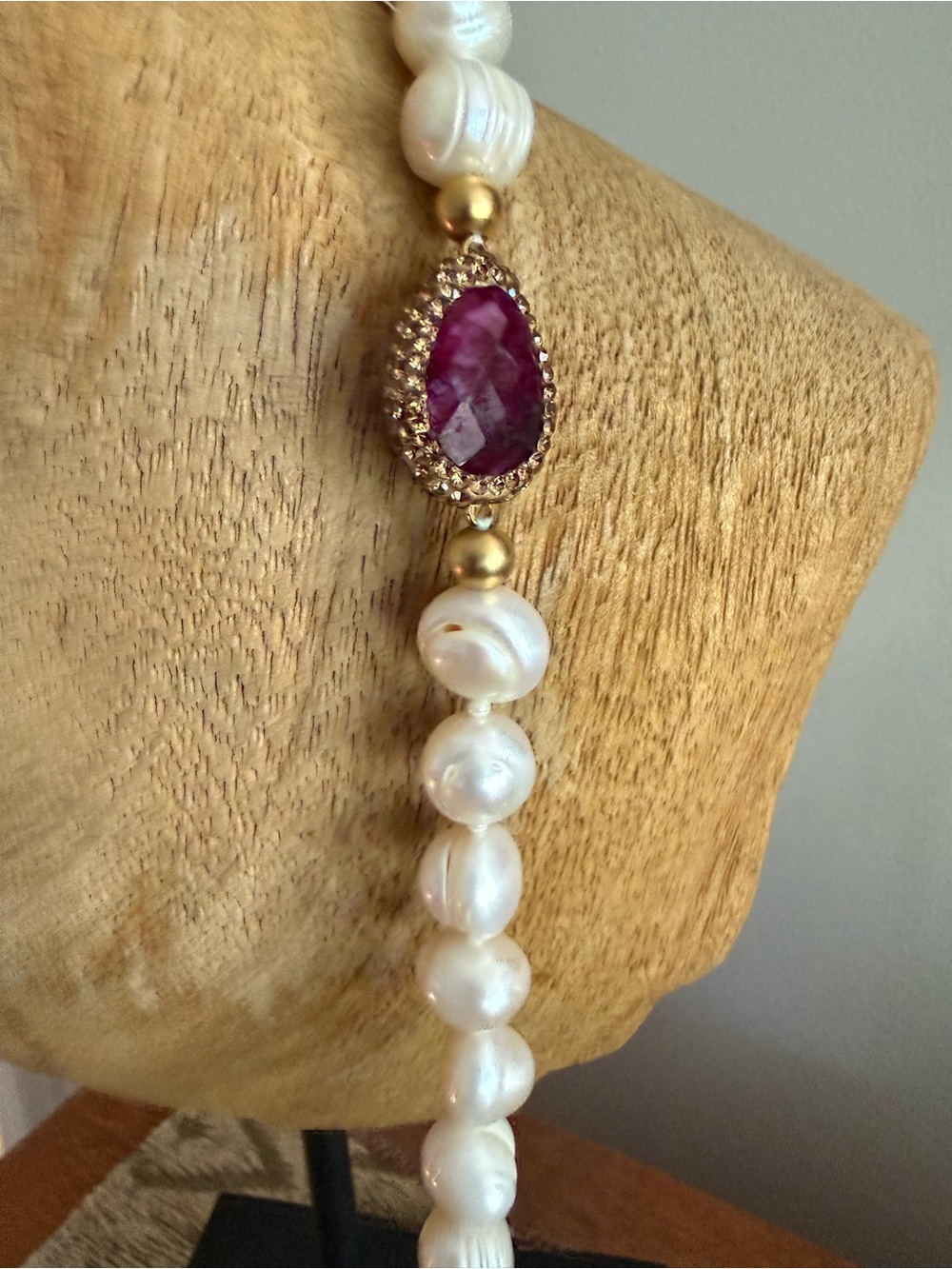 Freshwater Pearl Necklace with Pink Ruby Accent and Gold Beads